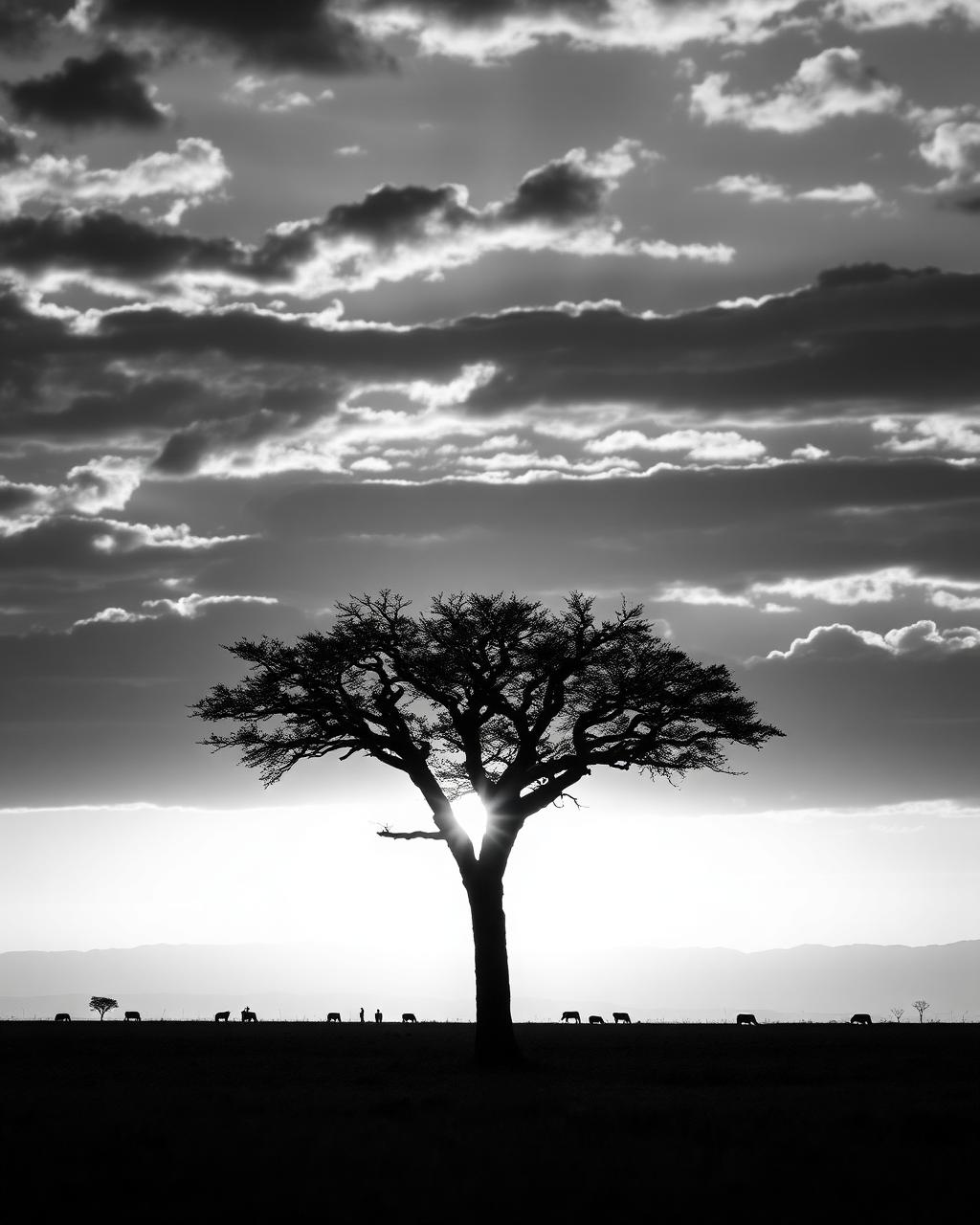 Acacia tree at sunset over the African plains